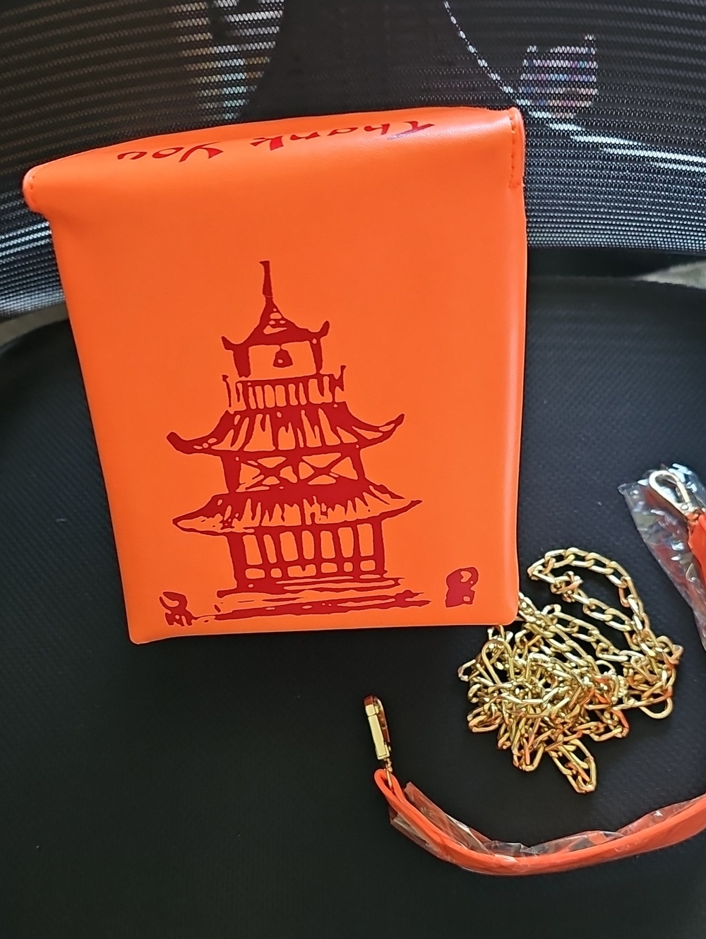 "Chinese Take Out" Orange Crossbody Bag with Pagoda Print and Gold Chain